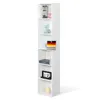A tall, narrow white bookshelf with six open shelves, displaying various decorative items and books. Produktbild-Vorschau