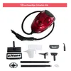A red steam cleaner with various accessories laid out below it on a white background. Voir les images du produit