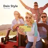 A group of friends taking a selfie in a red jeep during a road trip. Produktbild-Vorschau