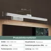 A white LED bathroom light fixture mounted above a mirror, with dimensions and product information displayed. Produktbild-Vorschau