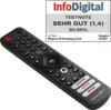 A black remote control for a streaming stick is shown on a white background, with a review badge in the top right corner. Produktbild-Vorschau