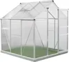 A clear, professional studio shot of a silver and clear aluminum greenhouse. Produktbild-Vorschau