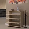 A modern shoe cabinet with four flip-down doors, placed against a brown wall with artwork above. An umbrella stand is to the right. Podgląd zdjęcia produktu