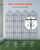 Four metal garden trellises are shown standing against a wall, with rain falling. Icons representing different weather conditions are displayed at the bottom. Produktbild-Vorschau