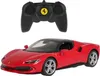 A red Ferrari remote-controlled car and its black remote control are displayed against a white background. Produktbild-Vorschau