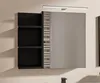 A modern black bathroom cabinet with a mirrored door and open shelves, mounted on a wall. Náhľad obrázku produktu