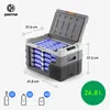 A PEME Quest 30 Liter electric cooler box is shown with its lid open, displaying rows of blue cans inside. Dimensions and capacity information are overlaid on the image. Náhled obrázku produktu