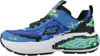A side view of a single blue sneaker with pixelated green and black accents. Voir les images du produit