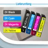 Four ink cartridges are displayed diagonally on a light gray and white background, with text labels on the left side. Produktbild-Vorschau