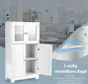 A white wooden cabinet with glass doors is shown in a room setting, with a living room in the background. Text overlays highlight adjustable shelf features. Náhled obrázku produktu