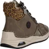 A side view of a brown high-top sneaker with leopard print accents. Produktbild-Vorschau