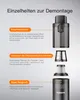 An exploded view of a cordless handheld vacuum cleaner, with callouts and descriptions of its features. Produktbild-Vorschau