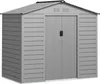 A gray metal shed with double doors is shown against a white background. Produktbild-Vorschau
