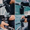A collage of four images showing a person attaching a black battery pack to a fishing reel on a fishing rod. Náhled obrázku produktu