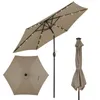 A collection of images showing a tan patio umbrella in different states: fully open, folded, and a top-down view of the canopy. Náhled obrázku produktu