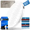 A white shower head is shown with marketing overlays and diagrams. Produktbild-Vorschau