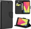 A collage of images showing a black flip case for a smartphone, with the phone inside and displayed in different orientations. Produktbild-Vorschau