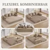 A collage of images showing a modular sofa bed in various configurations, set in a living room environment. Produktbild-Vorschau