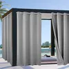 Outdoor curtains hanging on a modern structure next to a pool. Náhled obrázku produktu