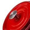 A close-up view of the lid of a red pot with a silver handle. Produktbild-Vorschau