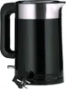 A black electric kettle with a silver band around the top and a black handle. A black power cord and plug are visible at the base. Produktbild-Vorschau