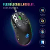 A black gaming mouse with RGB lighting and decorative patterns, set against a dark, gradient background. The image also displays compatibility icons for various Windows operating systems and macOS. Produktbild-Vorschau