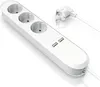 A white power strip with three outlets and two USB ports, along with its white plug and cable, is shown against a white background. Voir les images du produit