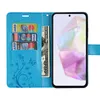 A blue flip wallet case for a smartphone, with cards and cash inserted. Produktbild-Vorschau