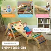 A collage of images showing a wooden climbing set for children in various configurations, with children interacting with it. Náhľad obrázku produktu