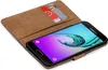 A book-style phone case with two credit cards inserted, showing a smartphone screen. Produktbild-Vorschau