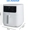 A white air fryer is shown from a front-side angle, with dimensions indicated by lines and text. Produktbild-Vorschau