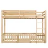A wooden bunk bed with a ladder and safety rails, shown against a white background. Produktbild-Vorschau