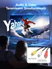 A couple watches a large TV screen displaying a skier, with a graphic overlay showing RCA cables and text about audio/video transmission. Produktbild-Vorschau