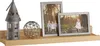 A wooden shelf displaying decorative items and framed photos. Produktbild-Vorschau
