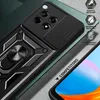 A close-up view of a black phone case with a magnetic ring stand and a sliding camera cover, presented in a marketing context with feature callouts. Produktbild-Vorschau