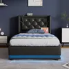 A bedroom scene featuring a modern bed with integrated charging and LED lighting. Produktbild-Vorschau