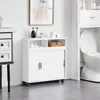 A white bathroom cabinet with sliding doors and an open shelf, placed next to a toilet. Produktbild-Vorschau