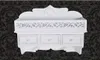 A white wall-mounted shelf with three drawers and two hooks against a black damask patterned background. Produktbild-Vorschau