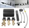 A collage of images showing a bathtub faucet set and its components. Produktbild-Vorschau