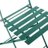 A close-up view of a green metal bistro chair, showing the slatted seat and folding mechanism. Voir les images du produit