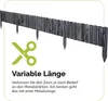 A wooden garden fence with stakes, next to a pair of scissors icon and text describing its variable length. Voir les images du produit