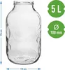 A clear glass jar with embossed fruit designs, shown with measurement indicators and capacity information. Produktbild-Vorschau