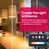 A dining room with lamps showing different light temperatures, and a graphic illustrating color temperature options. Produktbild-Vorschau