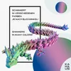 A 3D printed dragon figurine with a shimmering, iridescent finish, displayed on a light gray and white background with abstract circular elements and text. Produktbild-Vorschau