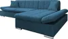 A blue sectional sofa with a chaise lounge is shown against a white background.