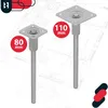 Two adjustable post base anchors are shown on a blueprint background, with red circles indicating dimensions. Produktbild-Vorschau