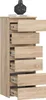 A tall, narrow chest of drawers with six drawers, some of which are open, showing the drawer slides. A decorative black object sits on top of the chest, along with a book. Voir les images du produit