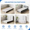 A collage of four images showing a foldable mattress in different configurations and uses, with icons and text at the bottom. Produktbild-Vorschau