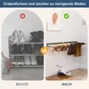 A comparison of shoe storage solutions, showing a cluttered shoe rack versus a wall-mounted boot hanger. Produktbild-Vorschau