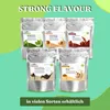 A collection of five pouches of flavored powder, arranged in a staggered pattern, with text overlays. Anteprima dell’immagine prodotto